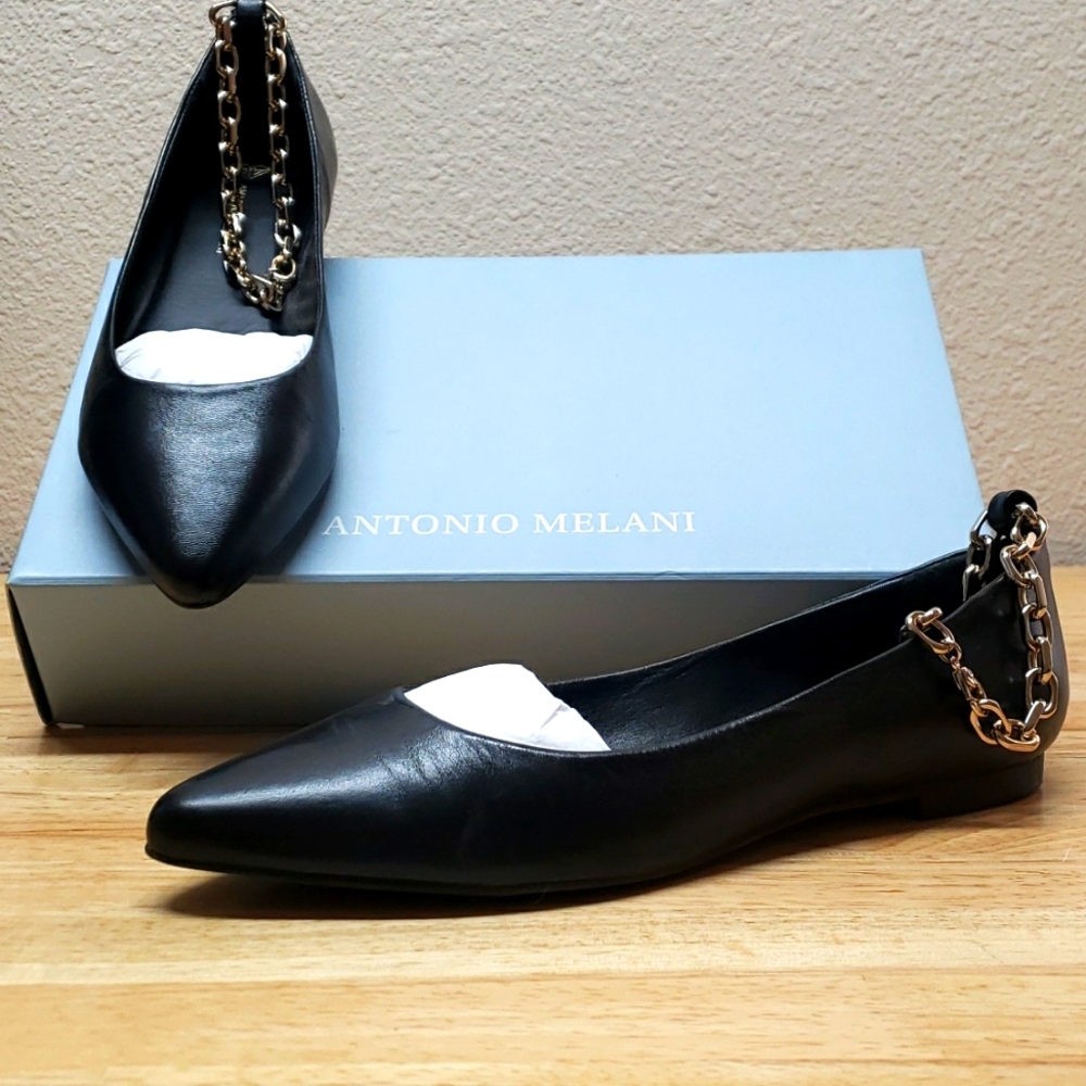 ANTONIO MELANIE DESIGNER Leather Flats With Gold Ankle Chain (removable)